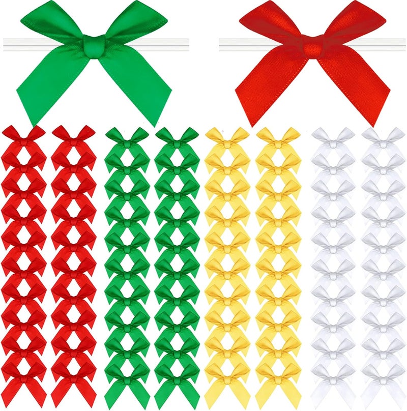 Adodotoe Christmas Twist Tie Bows, 100 Pcs Satin Twist Tie Bows for Treat Bag Satin Ribbon Tie Bows for Tying Up Packages Present Bags Bakery Candy Bags Decorating Ribbon Bow Gift Wrap Bows (Christmas) - Image 1